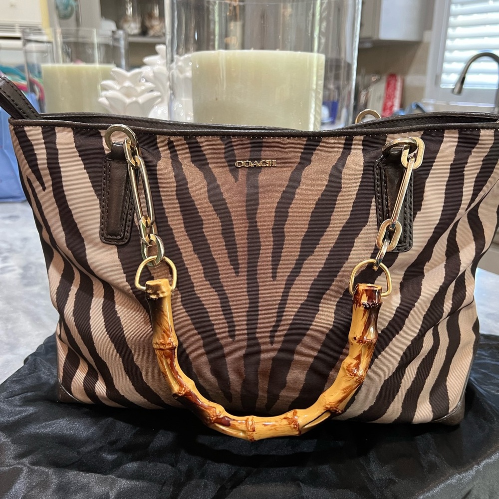 Coach, Rare, Tiger striped tote with Bamboo Handles.